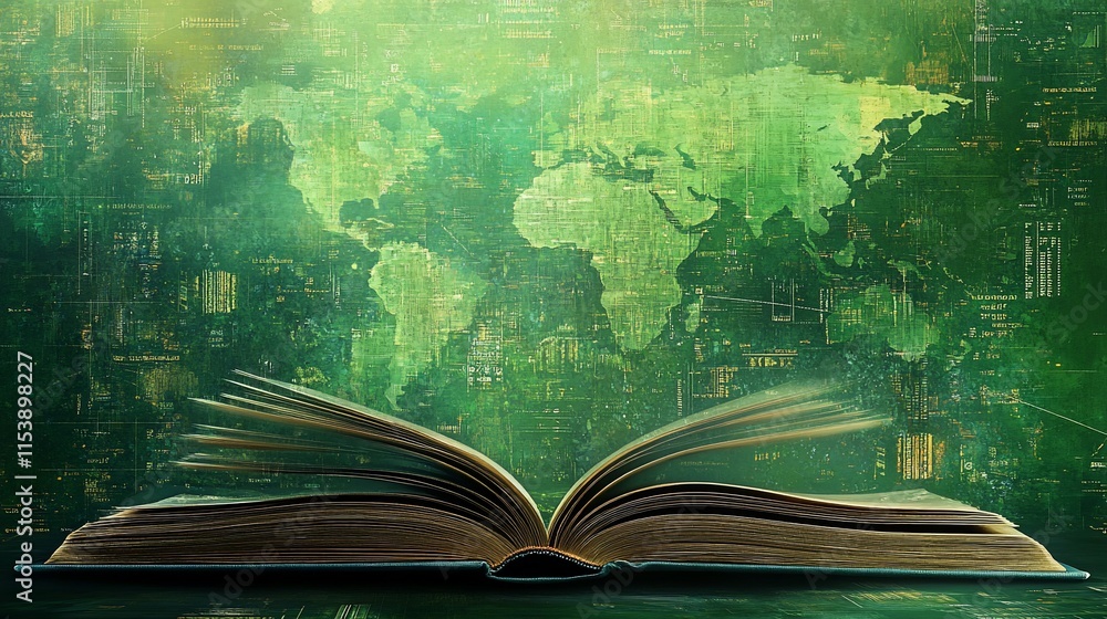 Poster an open book with a green world map background, symbolizing knowledge and exploration.