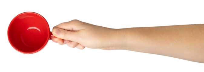 Hand Holds Cup Isolated, Empty Red Cup in Hands, Coffee Mug, Teacup, Hot Beverage Mockup, Cup in Arms on White Background with Copy Space for Text