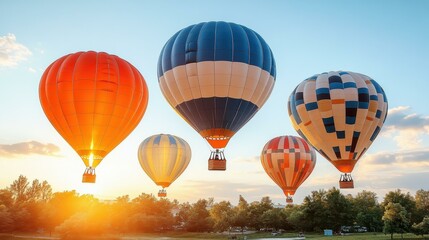 Obraz premium Colorful hot air balloons floating in sunrise sky over green trees, perfect for travel adventure, festival, outdoor recreation, nature, and vacation backgrounds with warm morning light and peaceful a