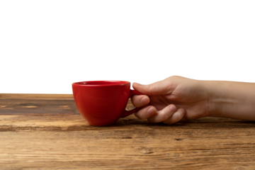 Hand Holds Cup Isolated, Empty Red Cup in Hands, Coffee Mug, Teacup, Hot Beverage Mockup, Cup in Arms on White Background with Copy Space for Text