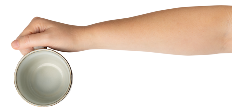 Hand Holds Cup Isolated, Empty Red Cup in Hands, Coffee Mug, Teacup, Hot Beverage Mockup, Cup in Arms on White Background with Copy Space for Text