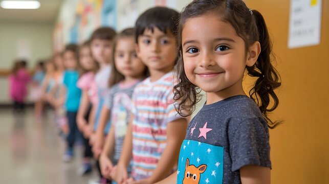 Diverse group of elementary school students walking in a line and holding hands as they enter their colorful and vibrant classroom expressing joy and togetherness