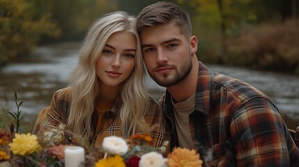 Couple in autumn by river.