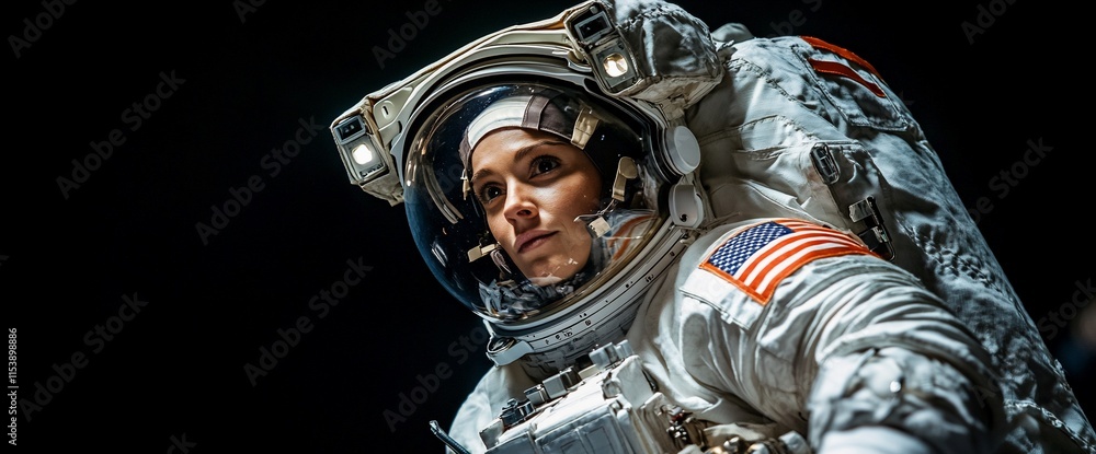 Poster astronaut in a spacesuit, focused and ready for a mission in space exploration.