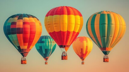 Fototapeta premium Colorful hot air balloons floating in clear sky during sunset, perfect for travel, adventure, festival, and outdoor event themes with warm tones and dreamy atmosphere