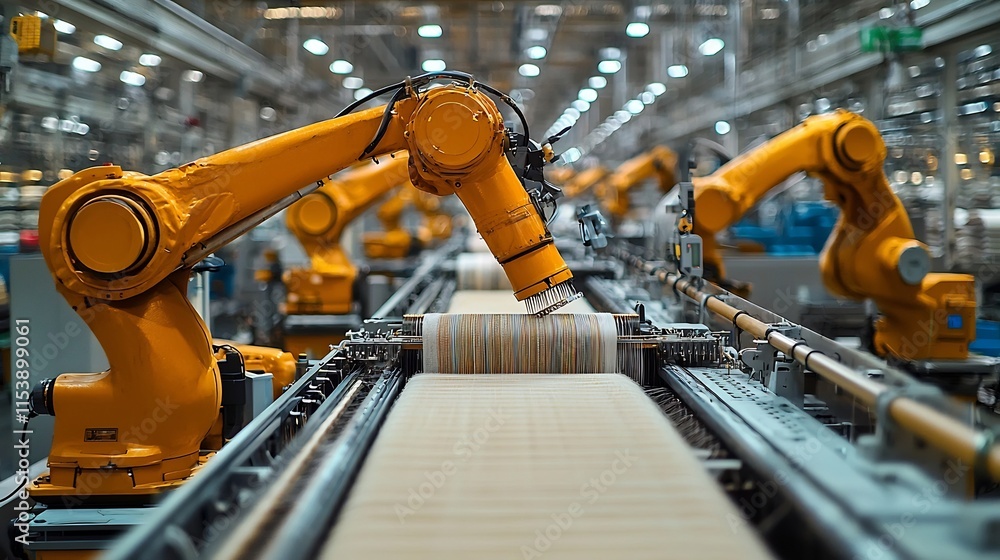 Poster robotic arms precisely weaving fabrics in a highly automated and modernized textile factory showcasi