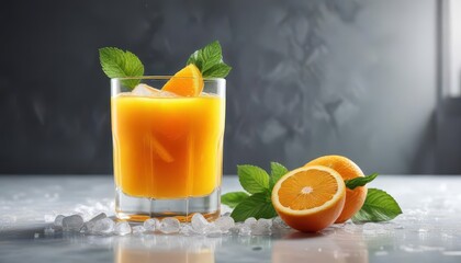 Fototapeta premium Fresh orange juice in a glass on a block of ice with mint leaves and a tube, orange, mint