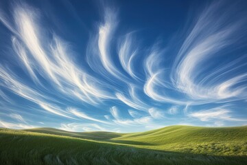 Obraz premium Vibrant skies adorned with swirling clouds above lush green hill