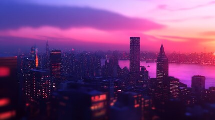 Fototapeta premium A vibrant city skyline at sunset, showcasing buildings and a river under colorful skies.