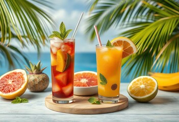 Fototapeta premium Tropical Summer Drinks Refreshing Cocktails Orange Grapefruit Mint Ice