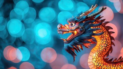 Naklejka premium Chinese New Year luck and parade, A vibrant dragon illustration against a colorful bokeh background, capturing a mythical essence with striking details and vivid colors.