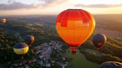Obraz premium heic Squarespace designer Thumbnail Esg fintech Bandot Wp rocket Viator Dezgo Telegram channel Wayflyer Bright colorful hot air balloons floating over green landscape village sunset sky aerial view t