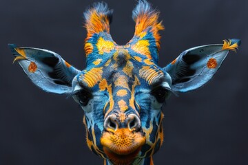 girraffe portrait with color paint and feathers on black background