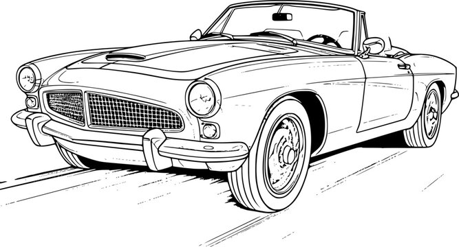 Abstract retro sports car in black and white ink drawing style, adult coloring book