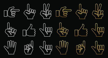 Hand gesture line art icon set white and gold symbols on a black background