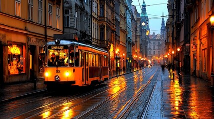 Rainy evening city street scene with vintage tram.