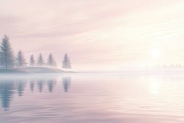 Fototapeta premium Gentle hues blend in serene lake scene, reflecting soft silhouet