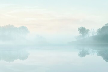 Fototapeta premium Misty landscape reflects tranquility, showcasing soft hues and s