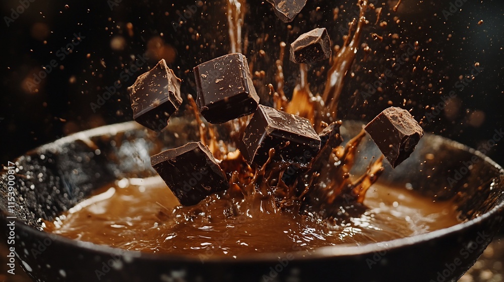 Aufkleber chocolate pieces splashing into a bowl of melted cocoa, creating a dynamic scene.