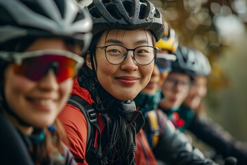 A group of diverse cyclists smiling while enjoying their ride in a beautiful outdoor setting.