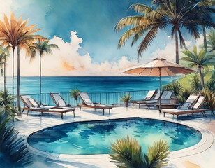 A serene poolside scene with lounge chairs, umbrellas, and palm trees overlooking a tranquil ocean sunset