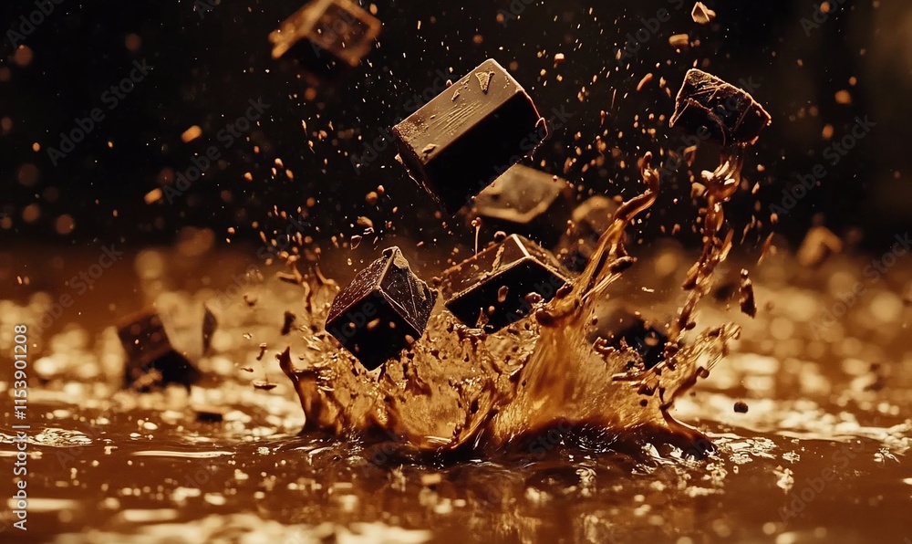 Poster chocolate cubes splashing into a rich, brown liquid, creating dynamic motion.