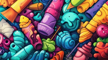 Obraz premium A vibrant collection of colorful art supplies and tools, showcasing creativity and design.