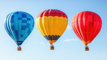 Obraz premium Colorful blue, yellow, and red hot air balloons floating in clear sky, perfect for adventure travel, aerial photography, outdoor events, festivals, summer vacations, dreamy landscape background, brig