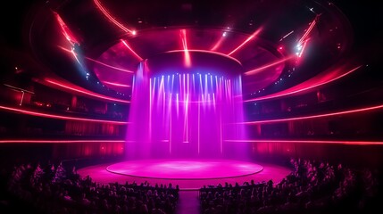 Futuristic stage with vibrant lighting and audience.