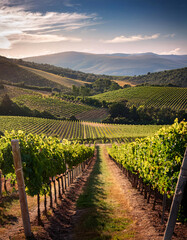 Naklejka premium A picturesque vineyard stretches across rolling hills under a partly cloudy sky, showcasing lush green grapevines and scenic mountain views