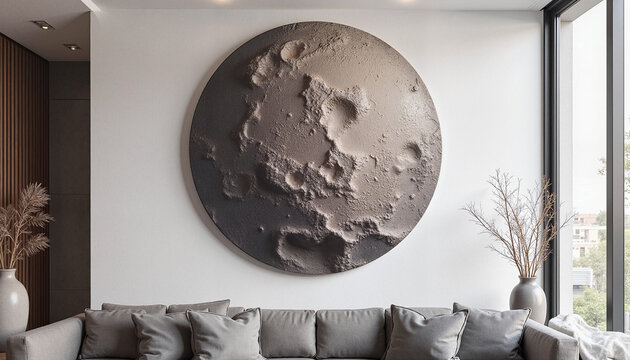 Planet relief wall art in modern living room interior