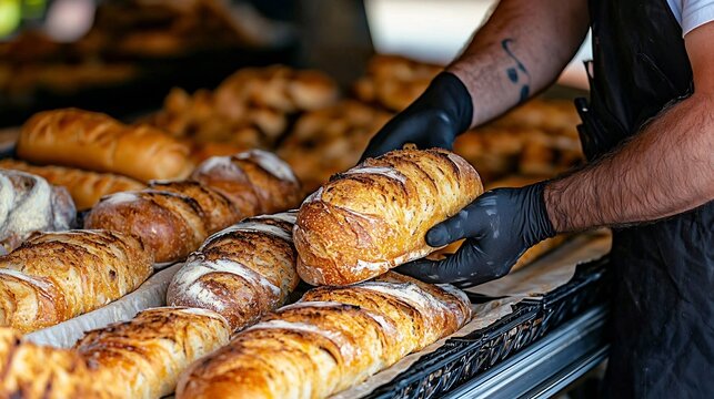 Customer browsing and selecting various types of freshly baked bread from the bakery display shelves in a supermarket  Different varieties of loaves rolls