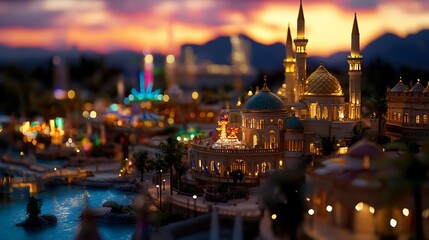 Fototapeta premium Illuminated Architectural Model at Dusk: A Miniature Cityscape