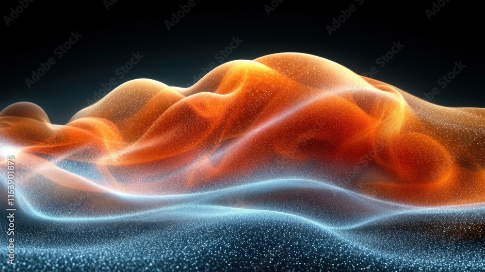 Poster abstract orange wave pattern flowing over blue textured surface, digital art for technology backgrou
