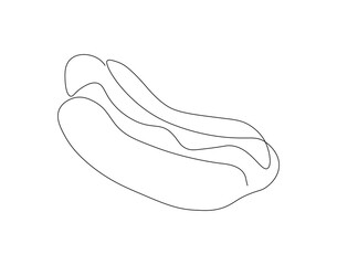 Continuous one line drawing of hot dog. One line drawing illustration of american hot dog. Junk food, fast food concept line art. Editable outline