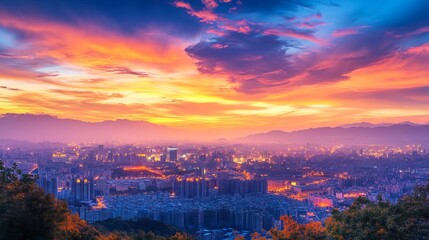 Fototapeta premium Sunset View of City Skyline with Landmark Building, Mountains, and Colorful Sky in Taiwan's Capital, AI generated illustration