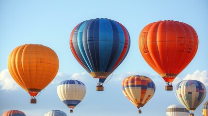 Fototapeta premium Colorful hot air balloons floating in blue sky, scenic outdoor adventure, travel and tourism, summer festival, morning sunrise, vibrant atmosphere, clear weather, aerial view, vacation experience, le