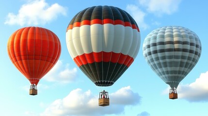 Obraz premium Three colorful hot air balloons floating in blue sky with clouds, adventure travel theme, suitable for tourism, vacation, summer holidays, outdoor fun, scenic background, bright vibrant colors, leisu