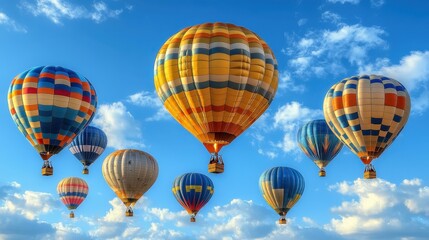 Obraz premium Colorful hot air balloons floating in bright blue sky with fluffy white clouds, perfect for travel, adventure, outdoor events, festivals, summer vacation, scenic backgrounds, and aerial photography v