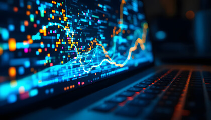Fototapeta premium Data Visualization, Colorful Graph on Laptop Screen, Data Analysis, Market Trends on Computer Display, Business Analytics, Colorful Data Charts on Laptop