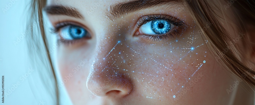 Poster close-up of a person's face with glowing constellation-like patterns.