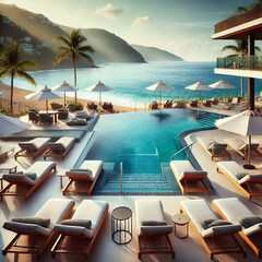 Fototapeta premium An aerial view of a luxurious infinity pool at a tropical resort, with sun loungers, umbrellas, and a beach in the distance