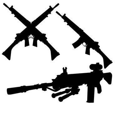 Black silhouette of a sniper rifle on a white background. US army automatic weapons. American military ammunition. Isolated image of a weapon. Vector illustration