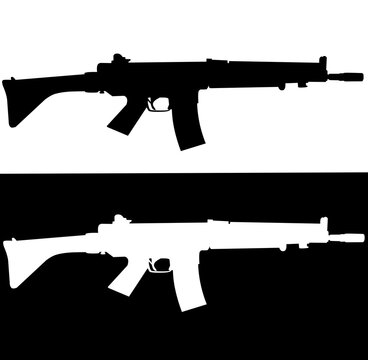 Black silhouette of a sniper rifle on a white background. US army automatic weapons. American military ammunition. Isolated image of a weapon. Vector illustration