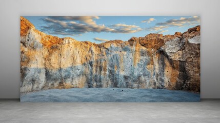 A dramatic rocky landscape with a clear sky, showcasing natural textures and colors.