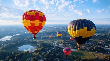 Colorful hot air balloons Bright balloons soaring above landscape