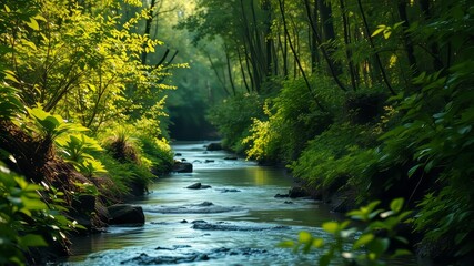 Obraz premium Lush Forest Creek, Stunning Nature Scene, Bright Colors, Deep Woods, Natural Beauty