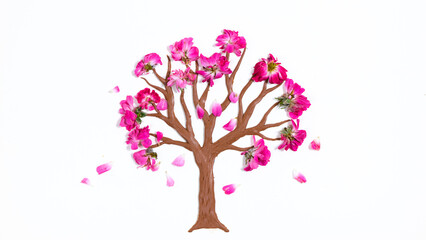 On a flowering tree molded of plasticine, pink flowers fly around. White background.