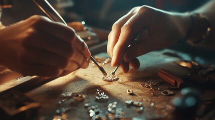 Obraz premium A photostock image of an artisan crafting handmade jewelry with tools, close-up view.--ar 16:9