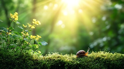 Obraz premium Close-Up of Snail on Moss in a Forest with Sun Rays, AI generated illustration